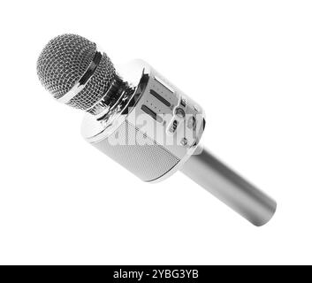 Ein silbernes Karaoke-Mikrofon isoliert auf weiß Stockfoto
