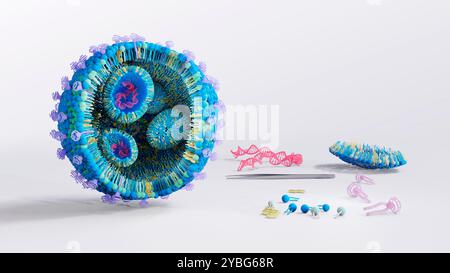 Lipidnanopartikelstruktur, Illustration. Lipid-Nanopartikel (LNPs) sind vielversprechende Mittel, um eine Vielzahl von Therapeutika zu liefern. Sie werden in COVID-19-mRNA-Impfstoffen und bei Krebsimmuntherapie eingesetzt. Stockfoto