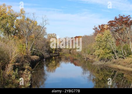 Des Plaines River mit Herbstfarben im Camp Ground Road Woods in des Plaines, Illinois Stockfoto