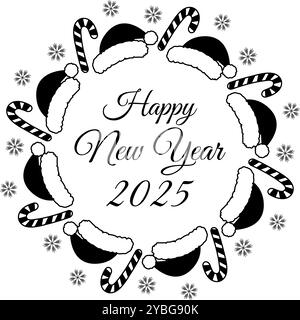 Happy New Year 2025 Schriftzug, Candy Cane, Santa Mütze und Schneeflocken Schwarzer und weißer Rundrahmen. Isolierte Vektor-Illustration Grußkarten, Einladung, Poster, Flyer, Broschüren, Label oder Web-Werbeaktion Stock Vektor