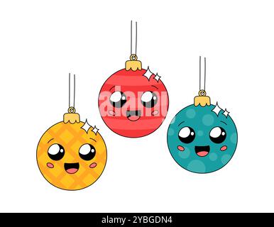 Entzückende Weihnachtsbaumschmuck mit fröhlichen Gesichtern. Nette lächelnde Kugeln setzen Vektor-Illustration. Kritzele Weihnachtsdekorationen, fröhliche Charaktere Stock Vektor