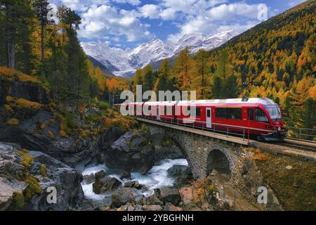 Rhätische Bahn RhB überquert einen Gebirgsbach über eine Steinbrücke, dahinter herbstfarbenes Morteratsch mit schneebedeckten Bergen, Engadin, Stockfoto