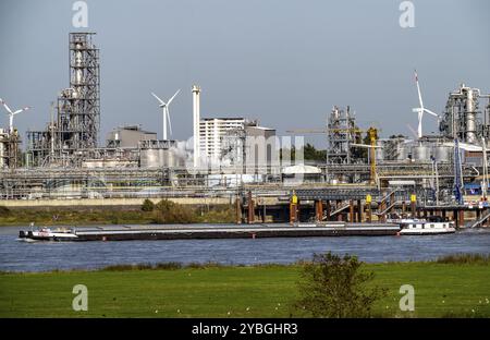 Frachtschiff auf dem Rhein bei Emmerich, Kao Chemicals Hintergrund, spezialisiert auf Tenside, KLK, linksrheinische Weiden, Niederrhein, Nordrhein-Westpha Stockfoto