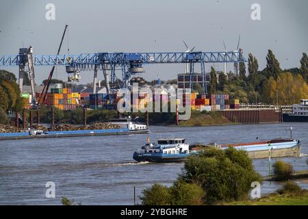 Frachtschiffe auf dem Rhein bei Emmerich, Containerterminal Contargo Rhein-Waal-Lippe, Niederrhein, Nordrhein-Westfalen, Deutschland, Europa Stockfoto