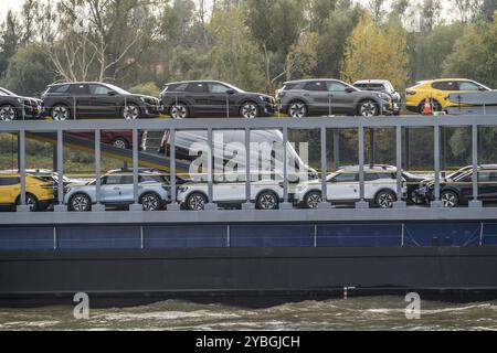 Der Autotransporter Forenso am Rhein bei Rees bringt Ford Explorer E-Cars aus dem Ford-Werk in Köln zu den Seehäfen der Niederlande Stockfoto