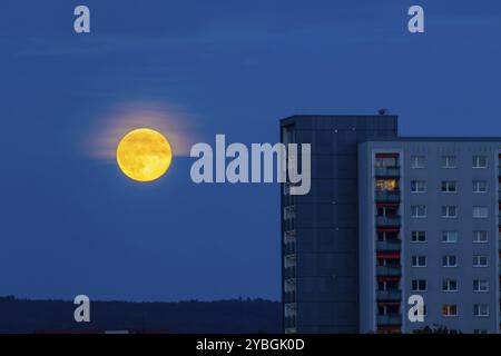 Vollmond über 17-stöckige Fertigbauten in Dresden Johannstadt, Vollmond über Dresden, Dresden, Sachsen, Deutschland, Europa Stockfoto