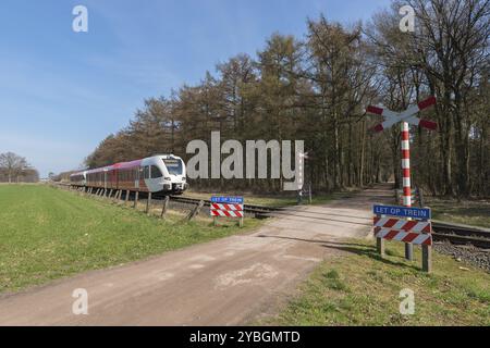 Unbewacht, helle Schiene Eisenbahn überqueren ohne Barrieren und Warnleuchten im Osten der Niederlande Stockfoto