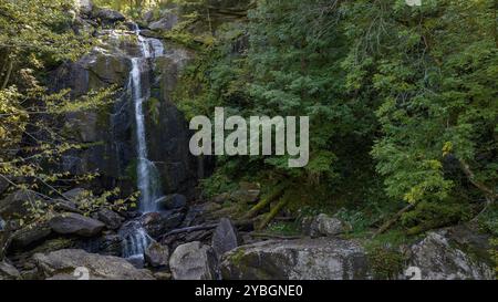 Ein wunderschöner Wasserfall in einer Berglandschaft, während sich die Blätter im Herbst ändern Stockfoto