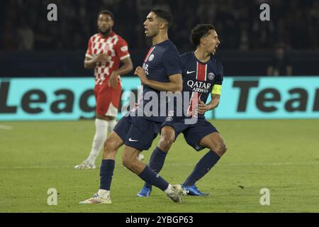 Achraf HAKIMI Paris Saint Germain verließ das Fußballspiel und Kapitän MARQUINHOS Paris St Germain jubelte nach dem Sieg gegen Girona FC, Parc des Pri Stockfoto