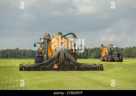 Landwirtschaft, Einspritzen von Gülle mit zwei Traktoren und Gelbgeier-Streuwagen Stockfoto