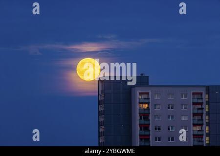 Vollmond über 17-stöckige Fertigbauten in Dresden Johannstadt, Vollmond über Dresden, Dresden, Sachsen, Deutschland, Europa Stockfoto