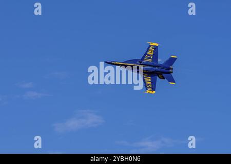 Die Elite der Blue Angels der US Navy in der kalifornischen Wüste üben komplizierte Formationen im Naval Air Field El Centro für den Upco Stockfoto