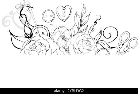 Vintage Nähwerkzeuge Vorlage mit Blumen, Hintergrund. Handarbeit im Retro-Stil. Vintage Old Fashion, maßgeschneiderte Logos, Postkarten, Stoff, Druck Stock Vektor