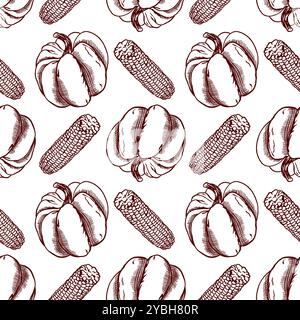 Nahtloses Kürbis- und Maismuster. Vektorabbildung im Grafikstil. Zum Einpacken von Papier, Textilien, Tapeten, Textilien, Deckeln, Karten und Etiketten. Stock Vektor