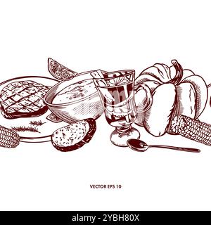 Kürbis, Mais, Suppe, Glühwein, Fleischsteak. Nahtloser Rand. Vektorabbildung. Grafik. Restaurants, Cafés, Kochbücher, Banner, Plakate. Stock Vektor