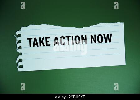 „Take Action Now“-Text auf Papier, abgerissen von oben auf grünem Hintergrund Stockfoto