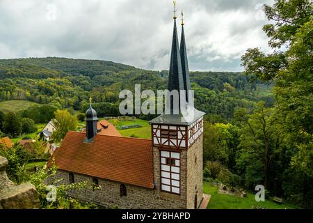 Reisen Sie entlang der Landesgrenze zwischen Hessen und Thüringen im wunderschönen Eichsfeld zum Schloss Hanstein bei Bornhagen - Thüringen - Deutsch Stockfoto