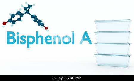 Die 3D-Rendering von Bisphenol A (BPA) ist eine synthetische Chemikalie, die häufig bei der Herstellung von Polycarbonatkunststoffen und Epoxidharzen verwendet wird. Stockfoto