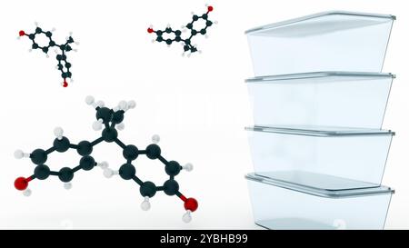 Die 3D-Rendering von Bisphenol A (BPA) ist eine synthetische Chemikalie, die häufig bei der Herstellung von Polycarbonatkunststoffen und Epoxidharzen verwendet wird. Stockfoto