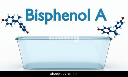 Die 3D-Rendering von Bisphenol A (BPA) ist eine synthetische Chemikalie, die häufig bei der Herstellung von Polycarbonatkunststoffen und Epoxidharzen verwendet wird. Stockfoto