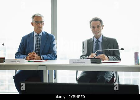 Mailand, Italien. Juli 2024. Attilio Fontana und Giuseppe Ricci nehmen am 19. Juli 2024 an der Unterzeichnung des Memorandum of Understanding zwischen Regione Lombardia und Eni Spa im Palazzo Lombardia in Mailand Teil (Foto: Alessandro Bremec/NurPhoto). Quelle: NurPhoto SRL/Alamy Live News Stockfoto