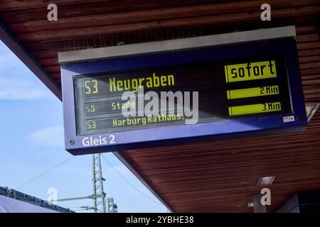 Hamburg, Deutschland. Oktober 2024. Auf einem Bahnsteig am S-Bahnhof Wilhelmsburg steht auf der Anzeigetafel „S3 Neugraben Immediate S5 Stade 2 min S3 Harburg Rathaus 3 min“. Quelle: Georg Wendt/dpa/Alamy Live News Stockfoto