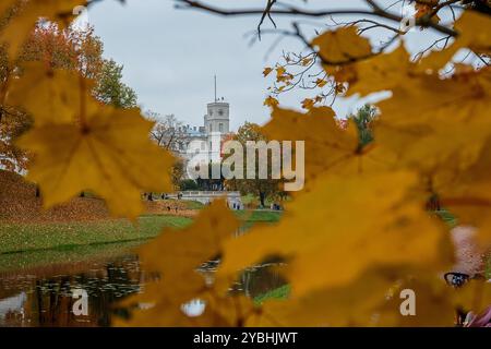 Gatchina, Oblast Leningrad, Russland - 13. Oktober 2024. Blick auf den Grand Gatchina Palace vom Palastpark im Herbst. Selektiver Fokus. Stockfoto