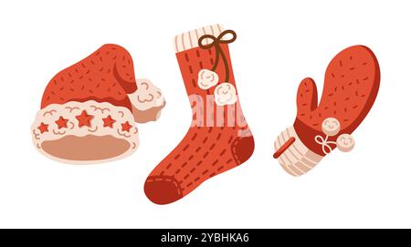 Weihnachtsmann Hut Strumpf und Fäustling flache Farbe Vektor-Objekte Set Stock Vektor