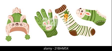 Nette Winterkleidung mit Häschen Dekor flache Vektor-Objekte Set Stock Vektor