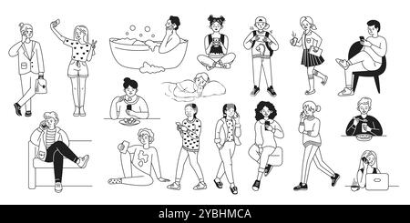Benutzer, die Smartphones in verschiedenen Situationen verwenden, werden Symbole gesetzt Stock Vektor