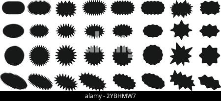 Sonnenaufkleber Formen. Abgerundetes Zickzack-Emblem mit Starburst, ovales, kreisförmiges und sternförmiges Preisschild, Rabatt- und Verkaufsetiketten. Gezackt Stock Vektor