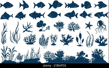 Aquarium-Silhouetten. Unterwasserwelt, Schablonenfische, Korallenriffe, Meerestiere und Meeresalgen. Wasserelemente für Fischbecken isoliert Stock Vektor