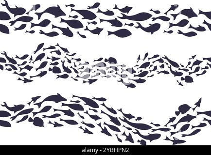 Silhouette der Fischschule. Meereslebewesen Muster von Rifffischen, Schwärme von Fischen, Wellenlinie Wasserdekor für Meeresfrüchte, Aquarium oder nautisches Design Stock Vektor