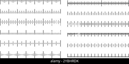 Messskalen. Linealskala und Messlinien, präzise lineare Inkremente und Größenindikatoren. Abstandsmarkierung mit horizontalen Trennungen Stock Vektor