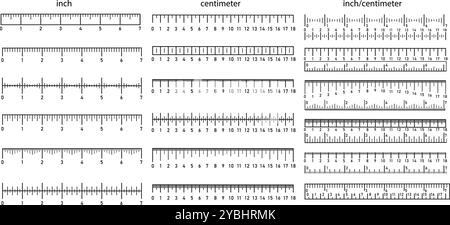 Maßskalen für Lineale. Zoll-, Zentimeter- und gemischte Lineale, präzise metrische und zöllige Skalen. Horizontaler Meter-Abstand oder Skalierung, Größe Stock Vektor