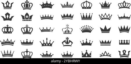 Silhouettensymbole der Royal Kronen. Königin-Diadem und Königskrone, majestätische Corona-Autorität und hochwertige Piktogramme. Königliche und luxuriöse Schablonenvektorsymbole Stock Vektor