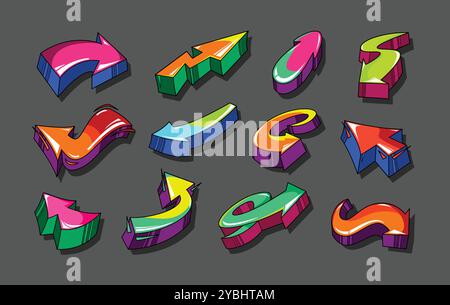 Graffiti 3D-Pfeile. Farbenfrohe Streetart-Richtungszeiger und auffällige Pfeile im urbanen Stil sorgen für dynamisches und verspieltes Navigationsdesign. Isolierter Vektor Stock Vektor