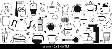 Kaffeekritzelei. Gemütliche Kaffeetassen und Bohnen im Café, handgezeichnete Desserts und Espresso-Brühwerkzeuge. Cappuccino, Latte To Go, Filter und Americano Becher Stock Vektor