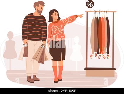 Glückliches Paar, das beim Shoppen im Geschäft ist. Bärtiger Mann mit Päckchen und süßer Frau wählen Kleidung. Vektorabbildung. Feiertag Black Friday Bu Stock Vektor