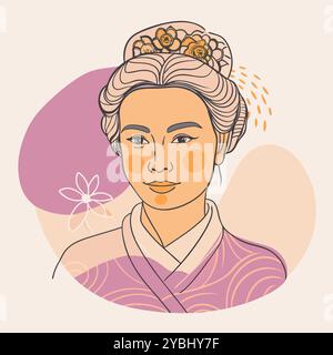 Schönes japanisches chinesisches Mädchen Geisha hält rote Fan-Vektor-Illustration. Stock Vektor