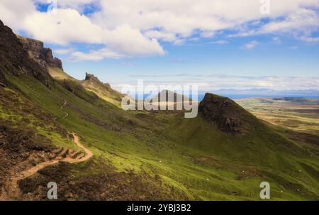 Die spektakuläre Landschaft der nördlichen Trotternish-Gegend der Isle of Skye mit einem gewundenen Pfad, der Beginn der berühmten Quiraing-Wanderung ist Stockfoto