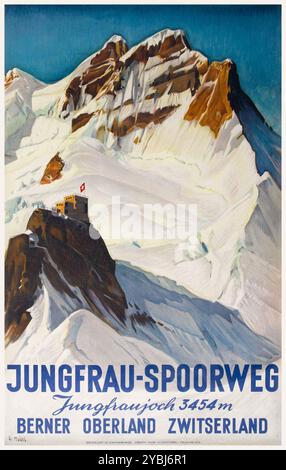 Jungfrau-Spoorweg. Jungfraujoch 3454m. Berner Oberland Zwitserland von Ernst Hodel (1881–1955). Poster veröffentlicht 1914 in der Schweiz. Stockfoto