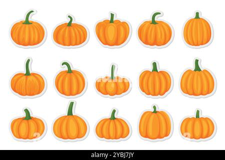 Vector Cartoon Pumpkins Kollektion. Flaches Set Mit Bunten Kürbis-Stickern. Designvorlagen für Halloween, Herbst, Ernte. Süßer und lustiger einfacher Kürbis Stock Vektor