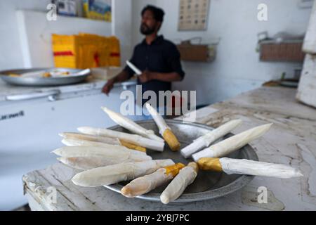 Fischblasen werden für den Verkauf vorbereitet. Stockfoto