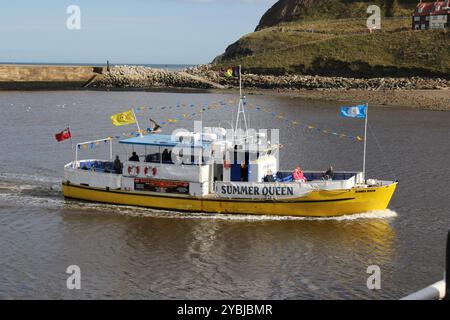 Vergnügungsboot auf dem Fluss Esk, Whitby, Yorkshire, Großbritannien Stockfoto