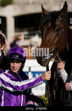 Jockey Wayne Lordan, nachdem er am ersten Tag des AutumnFest auf dem Leopardstown Racecourse in Dublin, Irland, auf den Irish Stallion Farms EBF (C & G) Maiden mit ernsthaftem Anwärter zum Sieg gefahren war. Bilddatum: Samstag, 19. Oktober 2024. Stockfoto