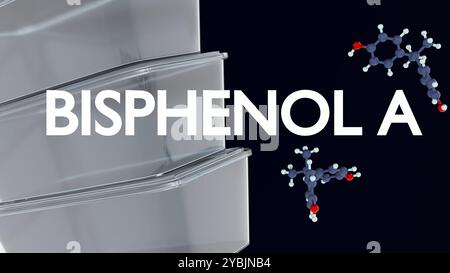 Die 3D-Rendering von Bisphenol A (BPA) ist eine synthetische Chemikalie, die häufig bei der Herstellung von Polycarbonatkunststoffen und Epoxidharzen verwendet wird. Stockfoto