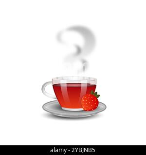 Transparente Tasse mit heißen Früchten mit Erdbeeren auf einer Untertasse isoliert auf transparentem Hintergrund Stockfoto