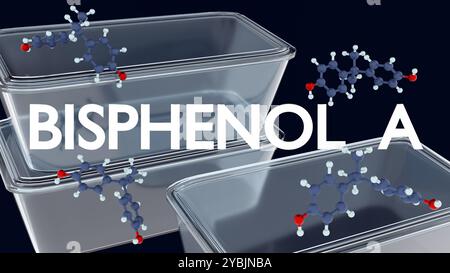 Die 3D-Rendering von Bisphenol A (BPA) ist eine synthetische Chemikalie, die häufig bei der Herstellung von Polycarbonatkunststoffen und Epoxidharzen verwendet wird. Stockfoto