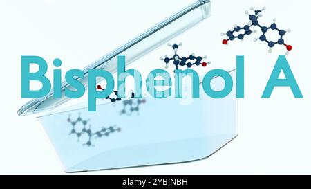 Die 3D-Rendering von Bisphenol A (BPA) ist eine synthetische Chemikalie, die häufig bei der Herstellung von Polycarbonatkunststoffen und Epoxidharzen verwendet wird. Stockfoto